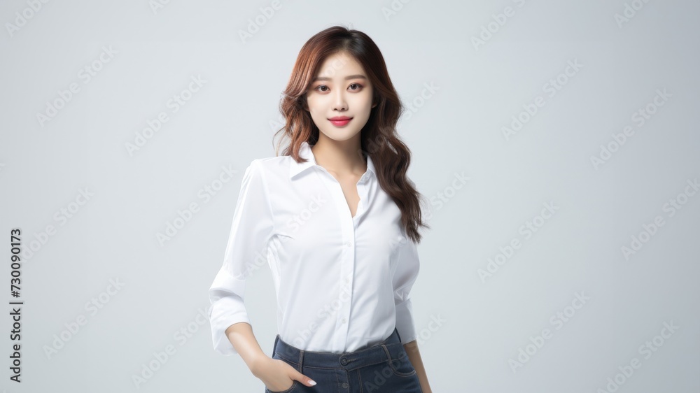 Apprentice teenage Asian woman, exuding ambition and determination, stands in a white shirt against a white background, her charismatic smile lighting up the scene. Generative AI. Apprentice teenage Asian woman, exuding ambition and determination, stands in a white shirt against a white background, her charismatic smile lighting up the scene. Generative AI.
