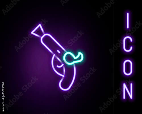 Glowing neon line Vintage pistols icon isolated on black background. Ancient weapon. Colorful outline concept. Vector
