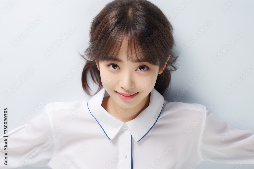 Apprentice teenage Asian woman, exuding ambition and determination, stands in a white shirt against a white background, her charismatic smile lighting up the scene. Generative AI. Apprentice teenage Asian woman, exuding ambition and determination, stands in a white shirt against a white background, her charismatic smile lighting up the scene. Generative AI.