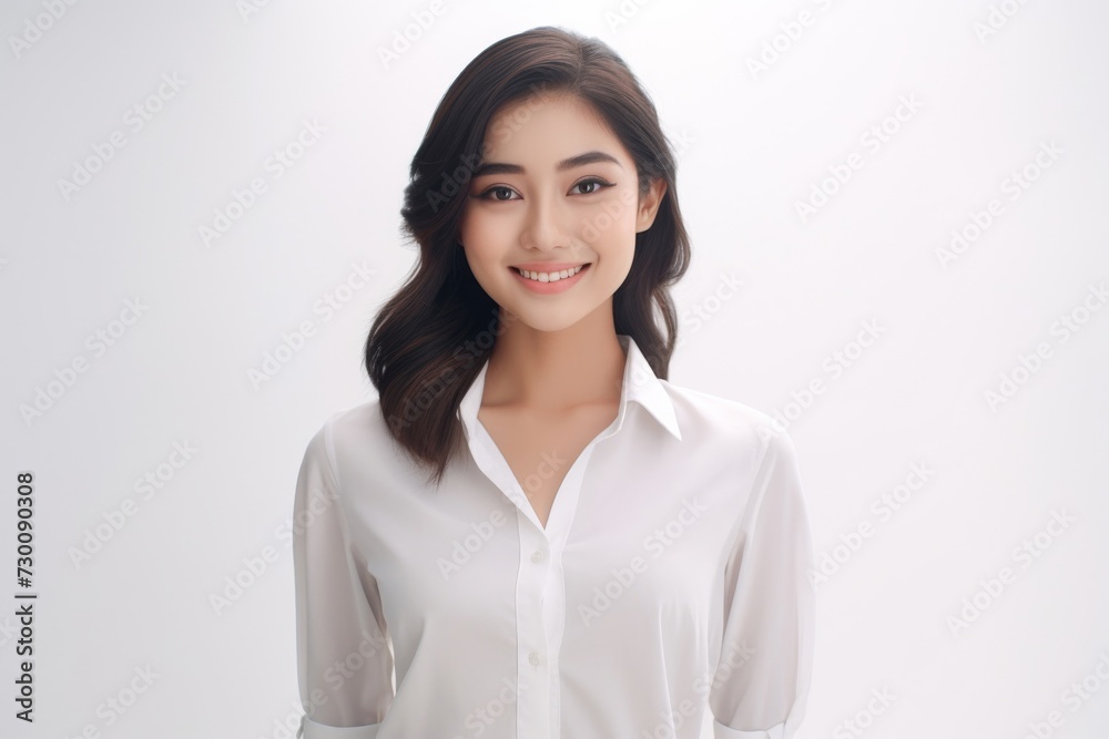 Apprentice teenage Asian woman, exuding ambition and determination, stands in a white shirt against a white background, her charismatic smile lighting up the scene. Generative AI. Apprentice teenage Asian woman, exuding ambition and determination, stands in a white shirt against a white background, her charismatic smile lighting up the scene. Generative AI.