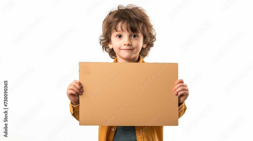Happy cute boy holding empty blank isolated on white background Happy cute boy holding empty blank isolated on white background