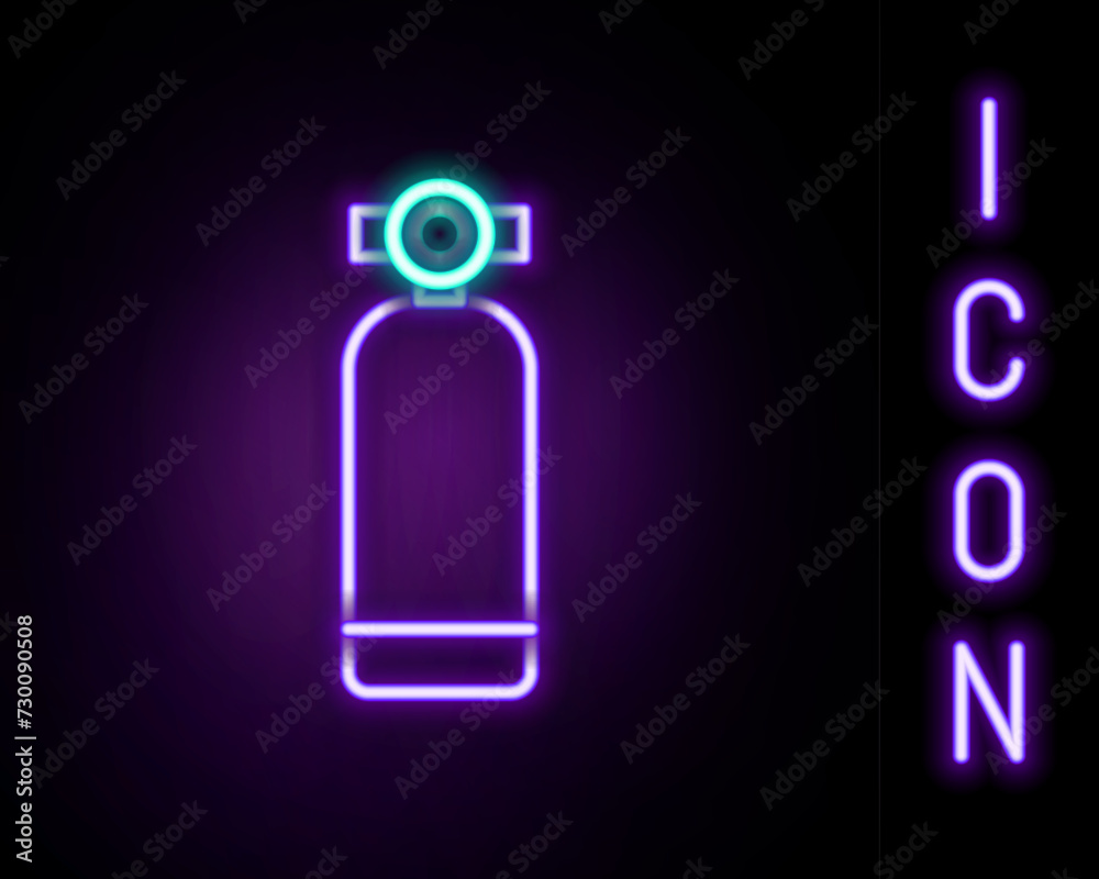 Glowing neon line Aqualung icon isolated on black background. Oxygen tank for diver. Diving equipment. Extreme sport. Diving underwater equipment. Colorful outline concept. Vector Glowing neon line Aqualung icon isolated on black background. Oxygen tank for diver. Diving equipment. Extreme sport. Diving underwater equipment. Colorful outline concept. Vector