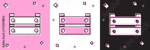 Set Wooden box icon isolated on pink and white, black background. Grocery basket, storehouse crate. Empty wooden container for vegetables, products. Vector