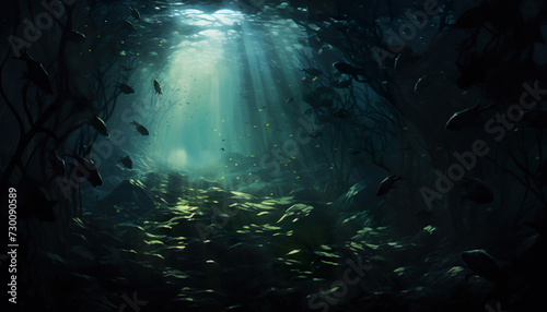 dark deep cave with fish school underwater, natural background