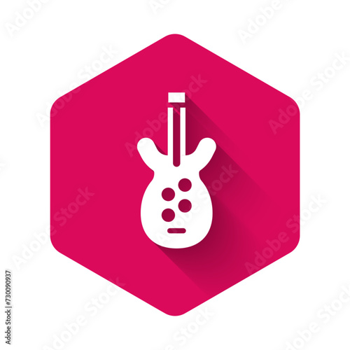 White Electric bass guitar icon isolated with long shadow. Pink hexagon button. Vector