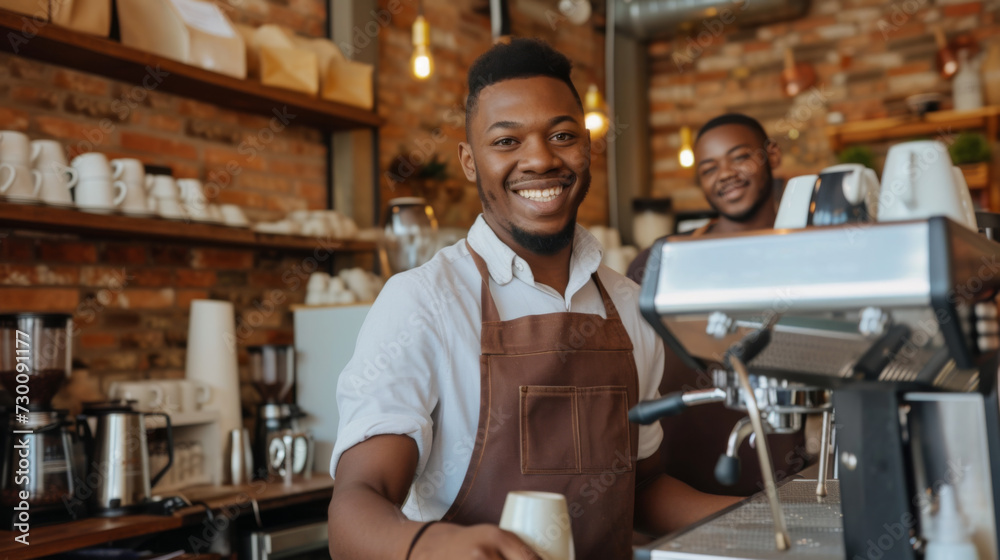 two smiling men in a cafe, one in the foreground wearing a white shirt and leather apron two smiling men in a cafe, one in the foreground wearing a white shirt and leather apron