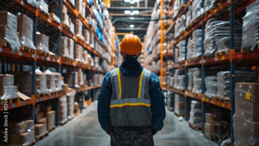 Worker in Labor Outfit: Focal Point in Retail Warehouse Scene Worker in Labor Outfit: Focal Point in Retail Warehouse Scene