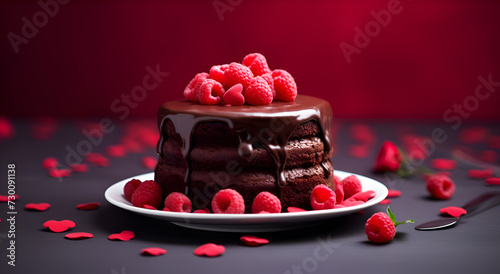 Chocolate cake with raspberries on the table