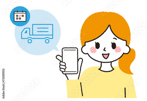 スマホでオンラインショッピングをする女性。配送方法と日時指定をするシーン。