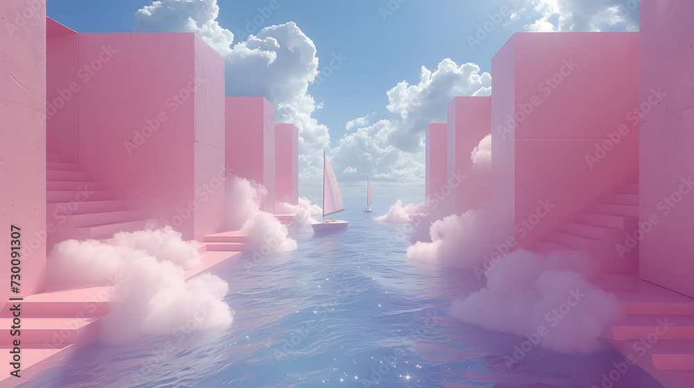 3d close-up of pink boat, ship on river, beautiful scenery 3d close-up of pink boat, ship on river, beautiful scenery