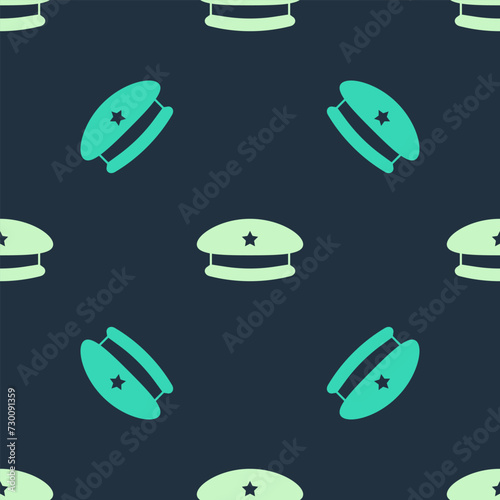 Green and beige Military beret icon isolated seamless pattern on blue background. Soldiers cap. Army hat. War baret. Vector