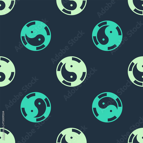 Green and beige Yin Yang symbol of harmony and balance icon isolated seamless pattern on blue background. Vector