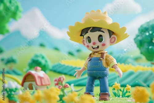 Toy farmer in a straw hat standing in a colorful miniature field with a house and hills in the background.