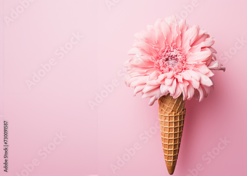Transport yourself to a whimsical summer day with this post-internet vintage illustration: a pink ice cream cone adorned with a delicate pink flower. Generated AI.