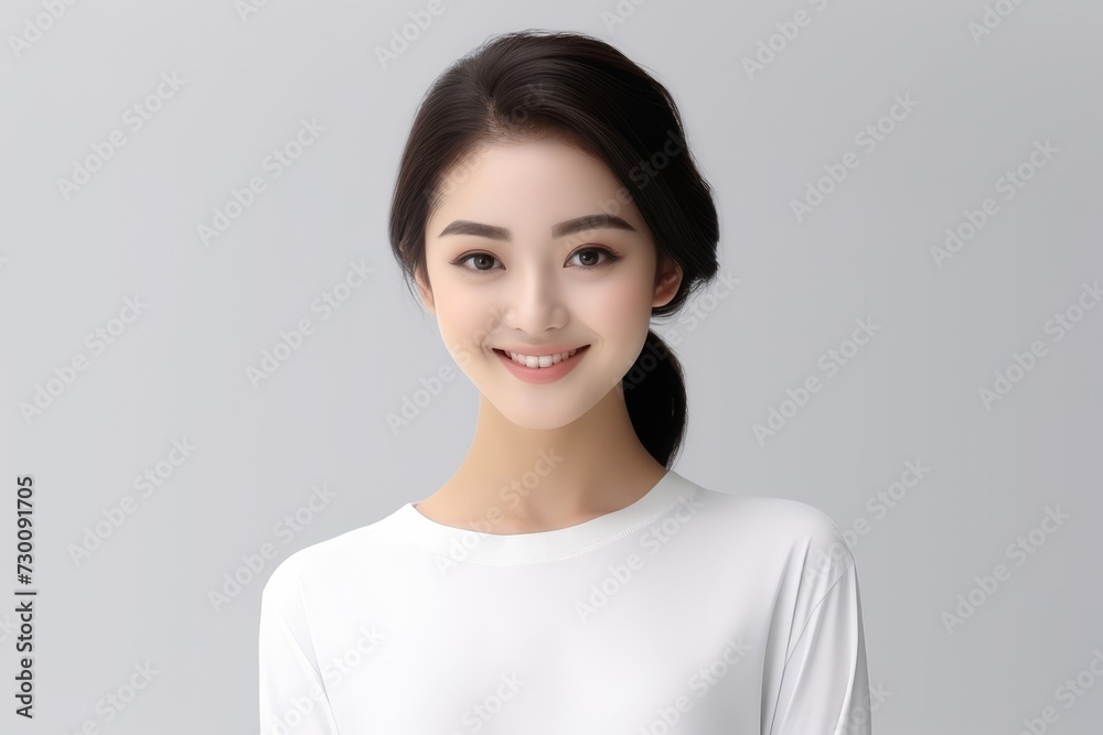 Aspiring Intern, Asian teenage woman, clad in a white shirt, stands before a white background, her infectious smile reflecting her enthusiasm for learning and growth. Generative AI. Aspiring Intern, Asian teenage woman, clad in a white shirt, stands before a white background, her infectious smile reflecting her enthusiasm for learning and growth. Generative AI.