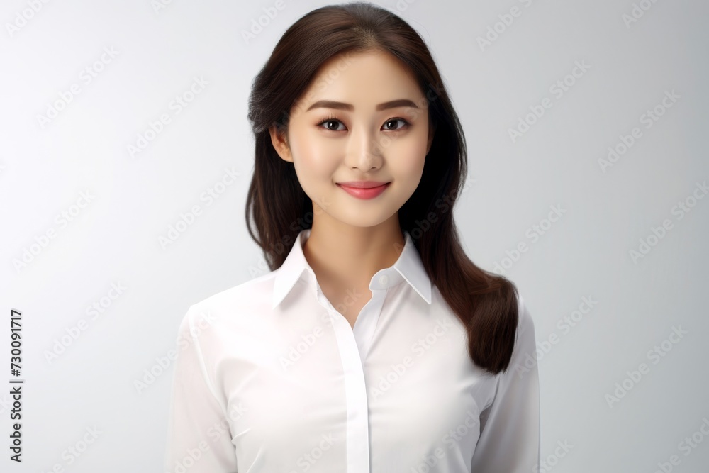Aspiring Intern, Asian teenage woman, clad in a white shirt, stands before a white background, her infectious smile reflecting her enthusiasm for learning and growth. Generative AI. Aspiring Intern, Asian teenage woman, clad in a white shirt, stands before a white background, her infectious smile reflecting her enthusiasm for learning and growth. Generative AI.