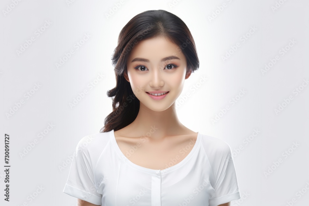 Aspiring Intern, Asian teenage woman, clad in a white shirt, stands before a white background, her infectious smile reflecting her enthusiasm for learning and growth. Generative AI. Aspiring Intern, Asian teenage woman, clad in a white shirt, stands before a white background, her infectious smile reflecting her enthusiasm for learning and growth. Generative AI.