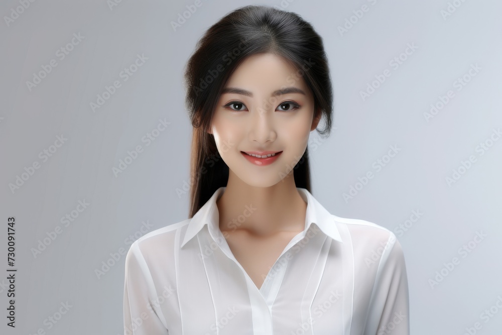 Aspiring Intern, Asian teenage woman, clad in a white shirt, stands before a white background, her infectious smile reflecting her enthusiasm for learning and growth. Generative AI. Aspiring Intern, Asian teenage woman, clad in a white shirt, stands before a white background, her infectious smile reflecting her enthusiasm for learning and growth. Generative AI.