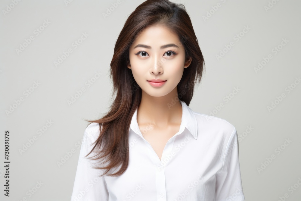 Aspiring Intern, Asian teenage woman, clad in a white shirt, stands before a white background, her infectious smile reflecting her enthusiasm for learning and growth. Generative AI. Aspiring Intern, Asian teenage woman, clad in a white shirt, stands before a white background, her infectious smile reflecting her enthusiasm for learning and growth. Generative AI.
