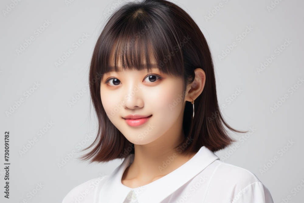 Aspiring Intern, Asian teenage woman, clad in a white shirt, stands before a white background, her infectious smile reflecting her enthusiasm for learning and growth. Generative AI. Aspiring Intern, Asian teenage woman, clad in a white shirt, stands before a white background, her infectious smile reflecting her enthusiasm for learning and growth. Generative AI.