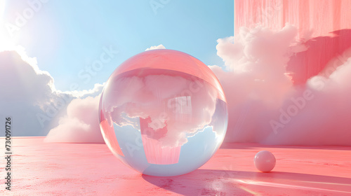 3D rendering of transparent pink luxury ball on water surface, fantasy, product discplay photo