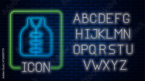 Glowing neon Life jacket icon isolated on brick wall background. Life vest icon. Extreme sport. Sport equipment. Neon light alphabet. Vector