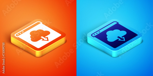 Isometric Cloud download icon isolated on orange and blue background. Vector