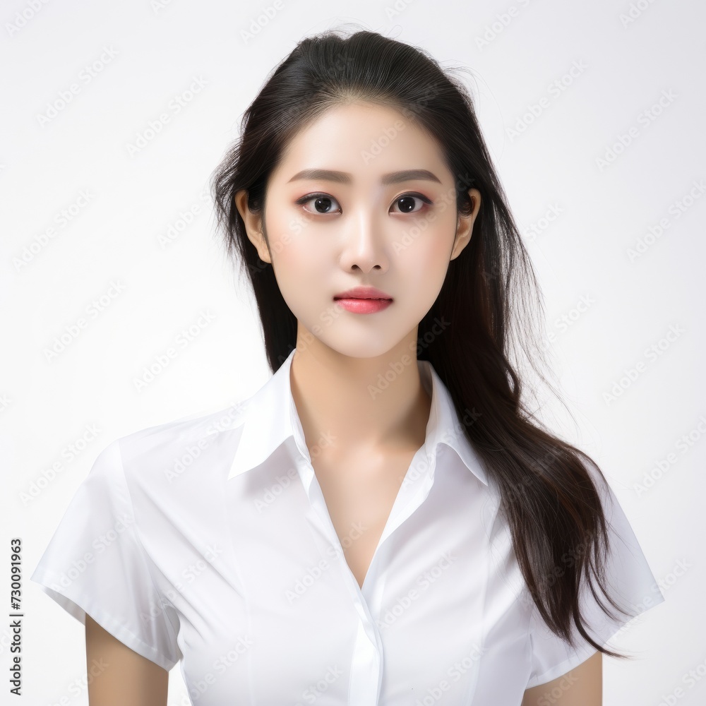 Aspiring Intern, Asian teenage woman, clad in a white shirt, stands before a white background, her infectious smile reflecting her enthusiasm for learning and growth. Generative AI. Aspiring Intern, Asian teenage woman, clad in a white shirt, stands before a white background, her infectious smile reflecting her enthusiasm for learning and growth. Generative AI.