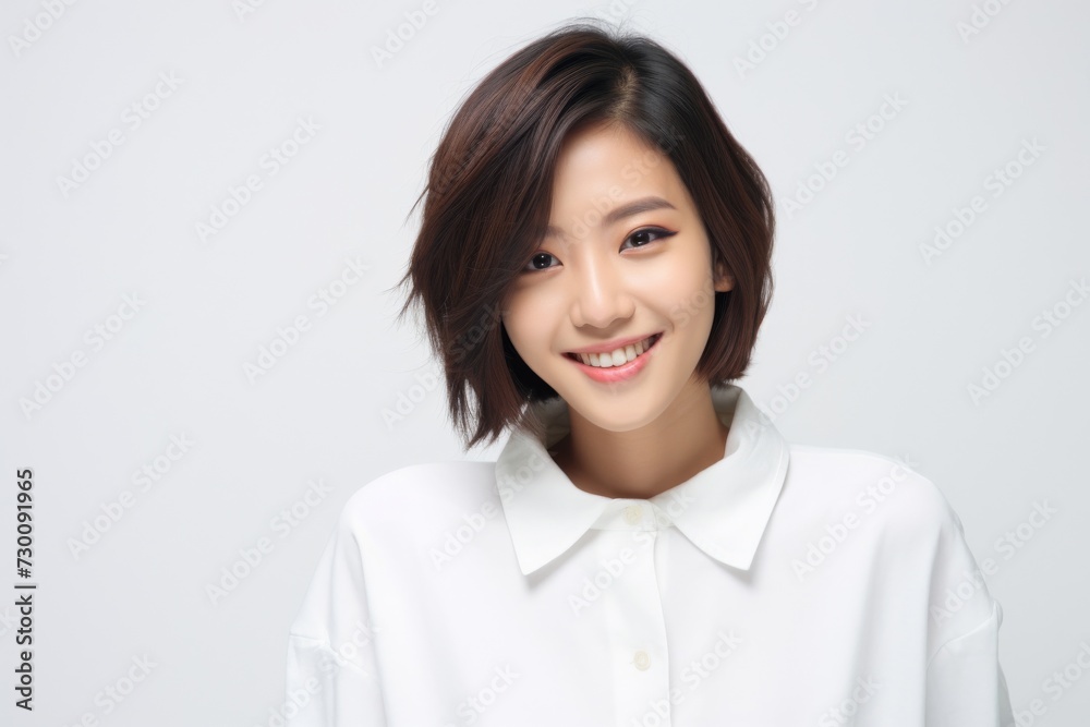 Aspiring Intern, Asian teenage woman, clad in a white shirt, stands before a white background, her infectious smile reflecting her enthusiasm for learning and growth. Generative AI. Aspiring Intern, Asian teenage woman, clad in a white shirt, stands before a white background, her infectious smile reflecting her enthusiasm for learning and growth. Generative AI.