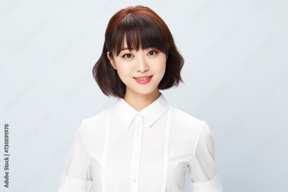 Aspiring Intern, Asian teenage woman, clad in a white shirt, stands before a white background, her infectious smile reflecting her enthusiasm for learning and growth. Generative AI. Aspiring Intern, Asian teenage woman, clad in a white shirt, stands before a white background, her infectious smile reflecting her enthusiasm for learning and growth. Generative AI.