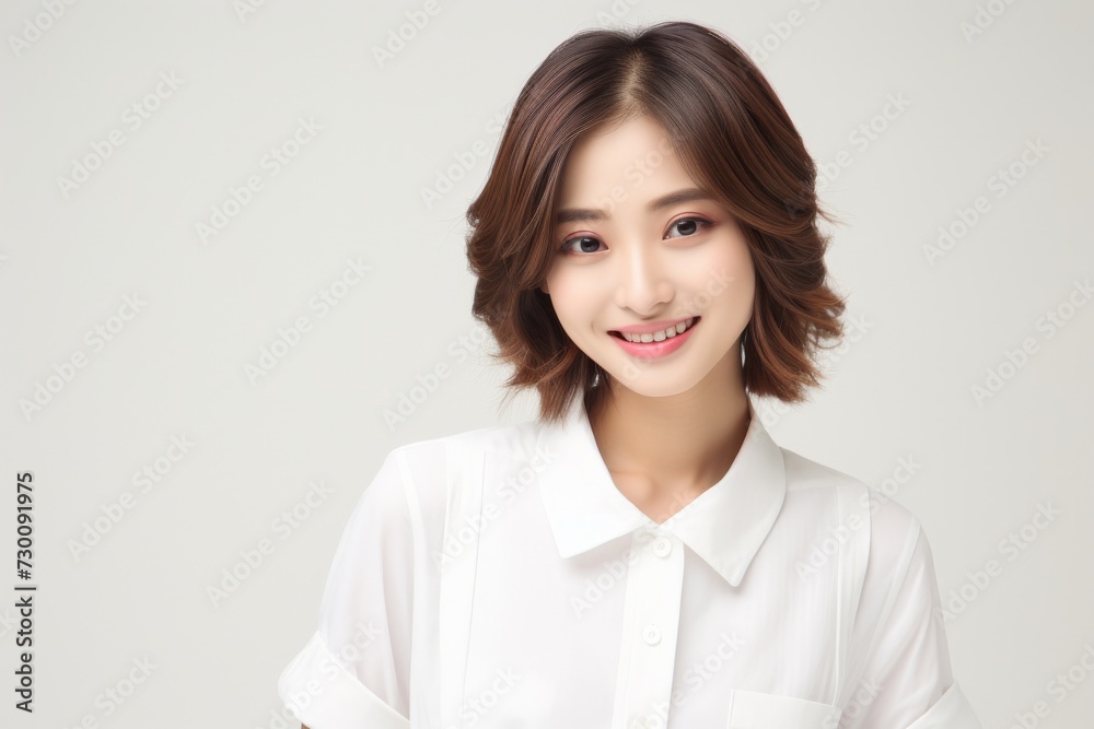 Aspiring Intern, Asian teenage woman, clad in a white shirt, stands before a white background, her infectious smile reflecting her enthusiasm for learning and growth. Generative AI. Aspiring Intern, Asian teenage woman, clad in a white shirt, stands before a white background, her infectious smile reflecting her enthusiasm for learning and growth. Generative AI.