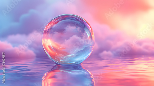 3D rendering of transparent pink luxury ball on water surface, fantasy, product discplay photo