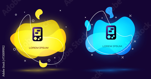 Black Portable tetris electronic game icon isolated on black background. Vintage style pocket brick game. Interactive playing device. Abstract banner with liquid shapes. Vector