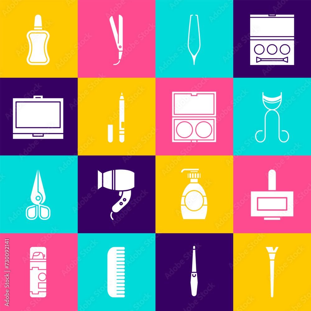 Set Makeup brush, Nail polish bottle, Eyelash curler, Eyebrow tweezers, Eyeliner, eyebrow, powder with mirror, and icon. Vector Set Makeup brush, Nail polish bottle, Eyelash curler, Eyebrow tweezers, Eyeliner, eyebrow, powder with mirror, and icon. Vector