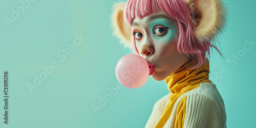 A closeup portrait of a young woman wearing animal costume blowing a pink bubblegum bubble on blue banner background with copy space for text. Fantasy character concept