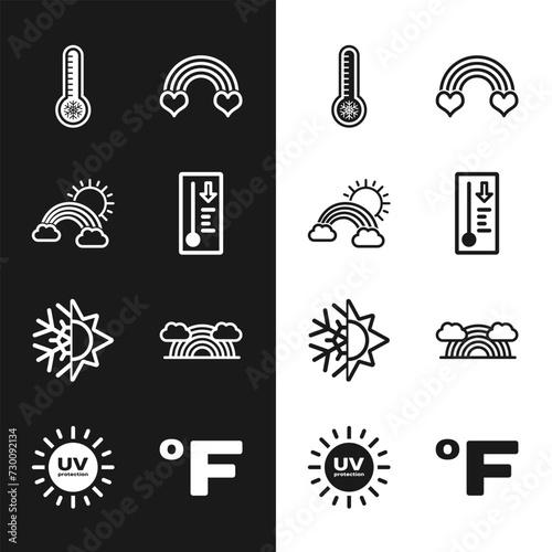 Set Meteorology thermometer, Rainbow with clouds and sun, heart, Sun snowflake, Fahrenheit and UV protection icon. Vector