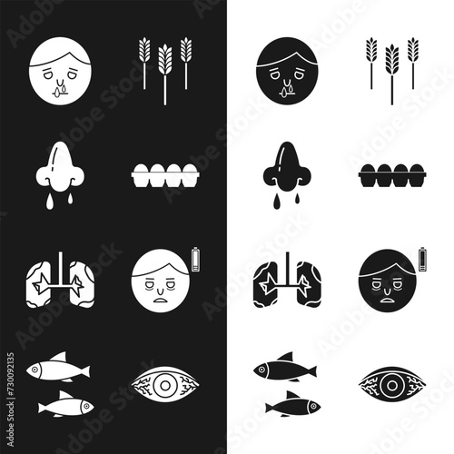 Set Chicken egg in box, Runny nose, Wheat, Lungs, Fatigue, Reddish eye allergic conjunctivitis and Fish icon. Vector