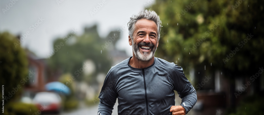 Portrait of happy senior man with grey hair and beard in sportswear smiling at camera while jogging in the city. Generative AI Portrait of happy senior man with grey hair and beard in sportswear smiling at camera while jogging in the city. Generative AI