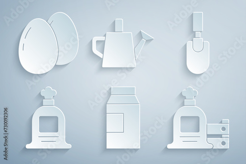 Set Paper package for milk, Garden trowel spade shovel, Full sack, and wooden box, Watering can and Chicken egg icon. Vector