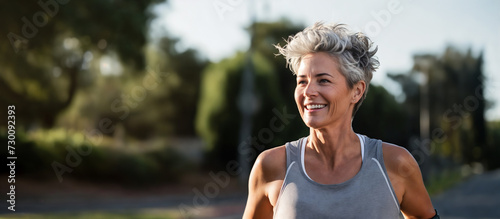 Portrait of happy senior woman jogging in park on a sunny day. Generative AI