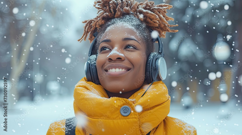 Woman in yellow enjoying the snow with headphones. Woman in yellow enjoying the snow with headphones.