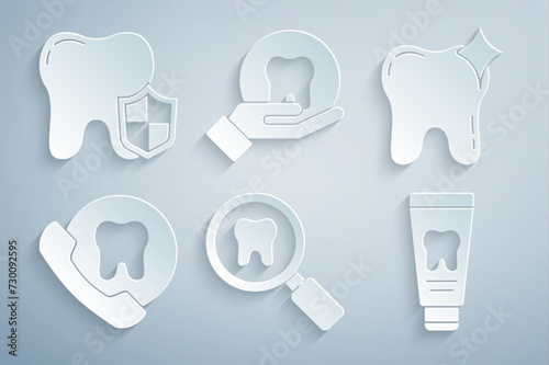 Set Dental search, Tooth whitening, Online dental care, Tube of toothpaste, and protection icon. Vector