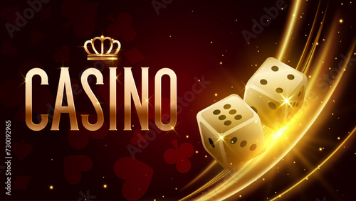 golden realistic dice and glowing lights background