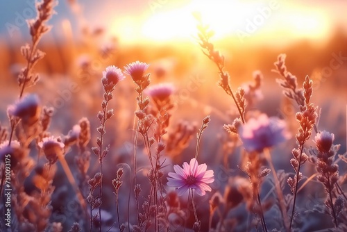 meadow flowers in early sunny fresh morning. Vintage autumn landscape background. colorful beautiful fall flowers magical. generative ai. © SEUNGJIN