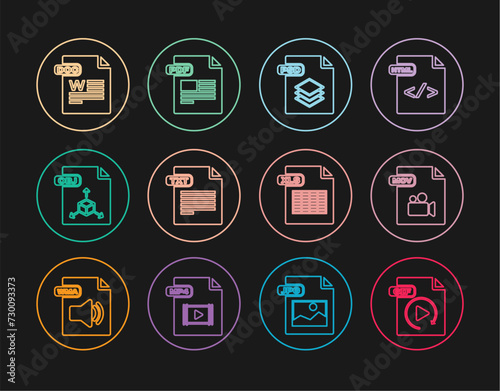 Set line GIF file document, MOV, PSD, TXT, OBJ, DOC, XLS and PDF icon. Vector
