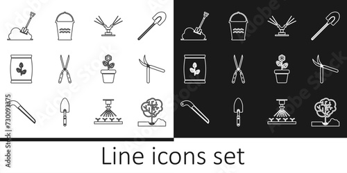 Set line Planting tree in the ground, Gardening handmade scissor, Automatic irrigation sprinklers, Fertilizer bag, Shovel, Flower pot and Bucket icon. Vector