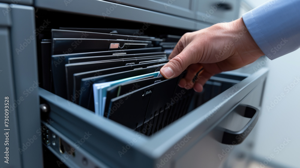 A hand is shown pulling a file from an organized open filing cabinet drawer filled with labeled folders in an office setting.