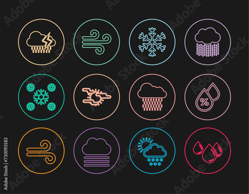 Set line Water drop, percentage, Snowflake, Fog and sun, Cloud with rain lightning, and Wind icon. Vector