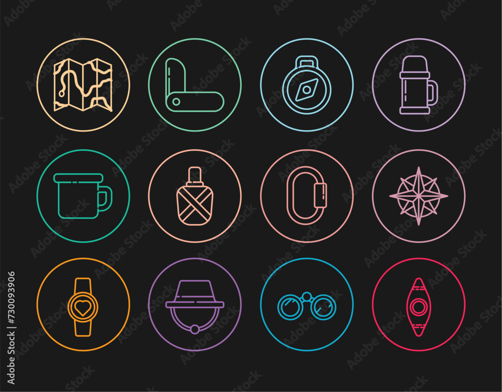 Set line Kayak or canoe, Wind rose, Compass, Canteen water bottle, Camping metal mug, Location of the forest on map, Carabiner and Swiss army knife icon. Vector Set line Kayak or canoe, Wind rose, Compass, Canteen water bottle, Camping metal mug, Location of the forest on map, Carabiner and Swiss army knife icon. Vector