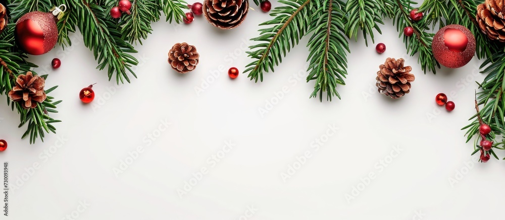 Christmas decorations and pine branches in isolated corners on white backdrop. Christmas decorations and pine branches in isolated corners on white backdrop.